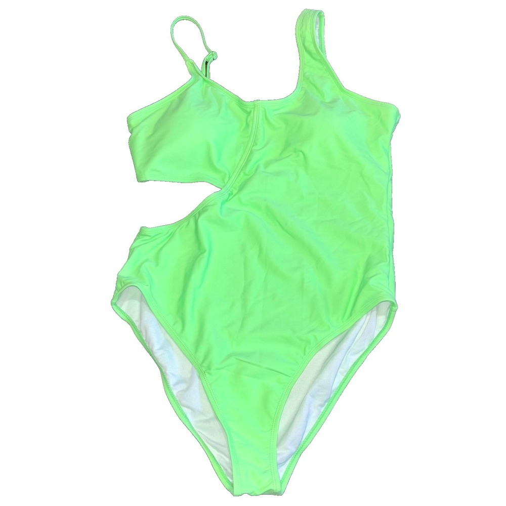 Womens Monokini Cut-Out Swimsuit One Piece XL Neon Green Stretch Strappy Strap